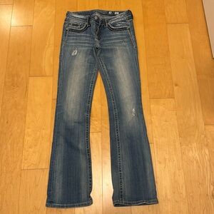 EUC Miss Me Flap Pocket Crystal Jewel Boot Cut Jeans Size 28x34. Style JP5014-11